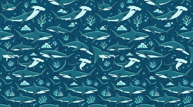 Seamless pattern featuring blue marine life elements including whales and underwater waves.