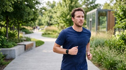 Fototapeta premium Caucasian man running outdoors in modern park wearing smartwatch for fitness.