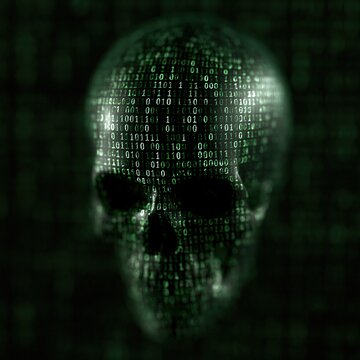 Digital Skull Formed from Green Binary Code Data, Representing Cyber Threat and Information Security