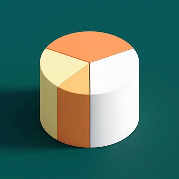 Minimalist 3d isometric cylinder chart with three distinct sections isolated on a dark green background
