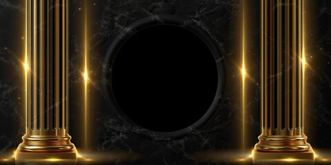 Fototapeta premium Glowing golden pillars frame a dark circular void against a black marble background with sparkling light effects