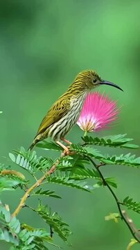 Streaked Spiderhunter Bird Feeding on Pink Powderpuff Flower in Lush Green Forest
