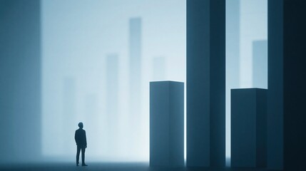 Fototapeta premium Lone businessman contemplating abstract towering bar graph symbolizing financial growth and market analysis