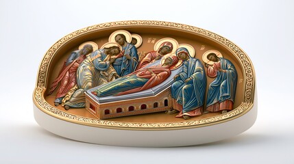 Obraz premium Intricate Orthodox Icon Depicting the Dormition of the Theotokos with Apostles and Angels