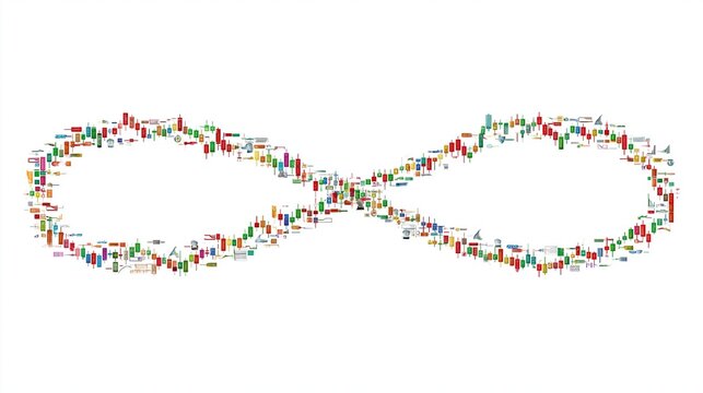 Colorful infinity symbol composed of diverse icons and graphics on a white background representing endless possibilities