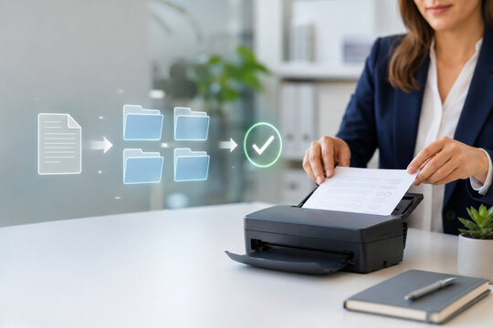 Businesswoman printing document from digital files using office printer, organizing paperwork and managing information flow with digital process and approval checklist.