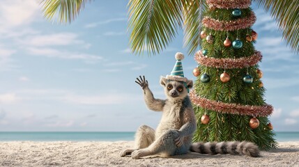 Fototapeta premium Whimsical Ring-Tailed Lemur in Party Hat Celebrates Christmas on Tropical Beach with Decorated Tree