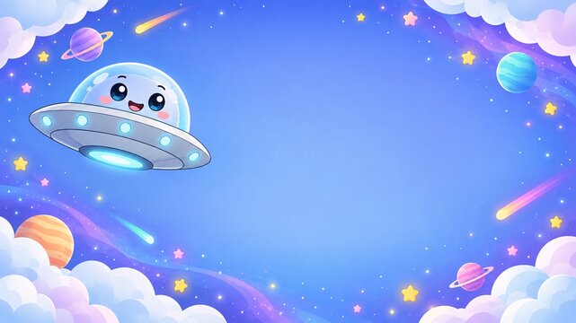 Cute Smiling UFO Kawaii Cartoon Flat Vector Illustration with Copy Space