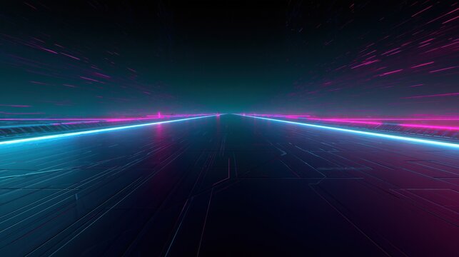 Futuristic neon digital highway with glowing light trails, abstract technology background