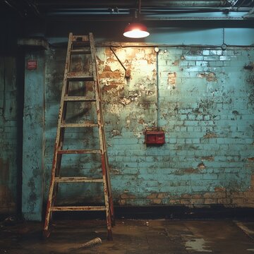 Old wooden stepladder leaning against a weathered peeling blue brick wall under dim light