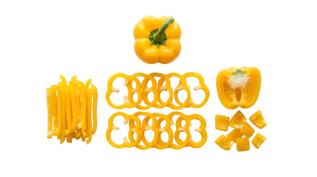 Yellow bell pepper collection whole and sliced isolated on white