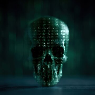 Digital Skull Composed of Binary Code Data, Representing Cyber Security Threat and Data Breach
