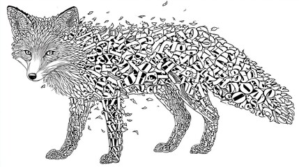 Fototapeta premium Detailed black and white line art of a fox composed entirely of scattered letters and typographic elements on a plain background