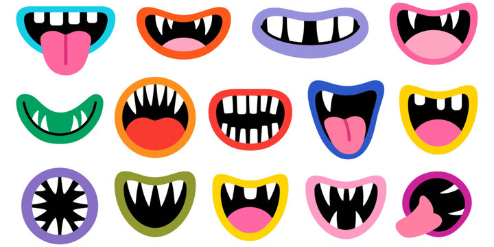 A collection of colorful and quirky cartoon monster mouths with different expressions and teeth