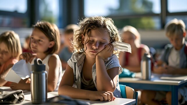 Ersch&ouml;pfte Sch&uuml;lerin leidet w&auml;hrend einer Hitzewelle im Klassenzimmer