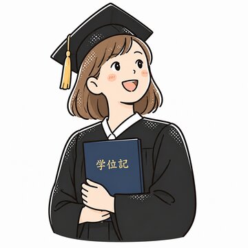 学位記を手に笑顔で未来を見上げる卒業生女性のイラスト