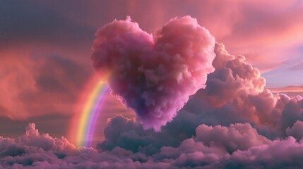 Obraz premium A large heart-shaped cloud floats amidst a vibrant sunset sky with soft pink and purple hues, accompanied by a faint rainbow arc in the background.