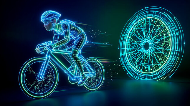Digital Wireframe Cyclist Riding Road Bicycle Towards Glowing Futuristic Wheel, Smart Cycling and Sports Technology Concept