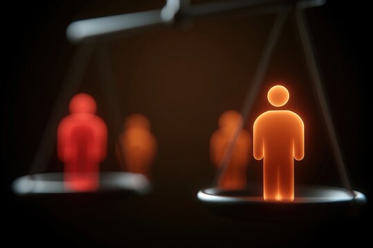 Glowing orange and red human figures balanced on a scale against dark background representing judgment or equality concepts