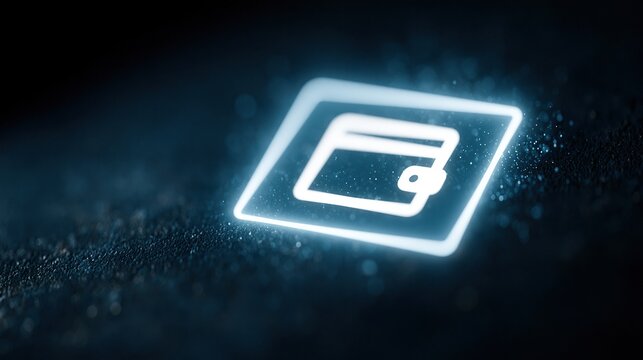 Glowing digital wallet icon representing electronic payments and fintech technology on dark textured surface
