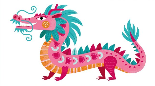 Colorful cartoon dragon illustration with pink scales, teal mane and tail, orange belly patterns on white background