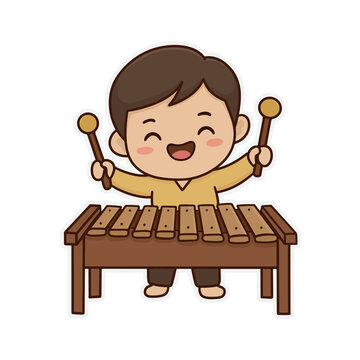 Cartoon Chibi Musician Playing Asian Marimba Gambang Isolated