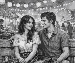 A young couple sits together and enjoys a meal at a festive market