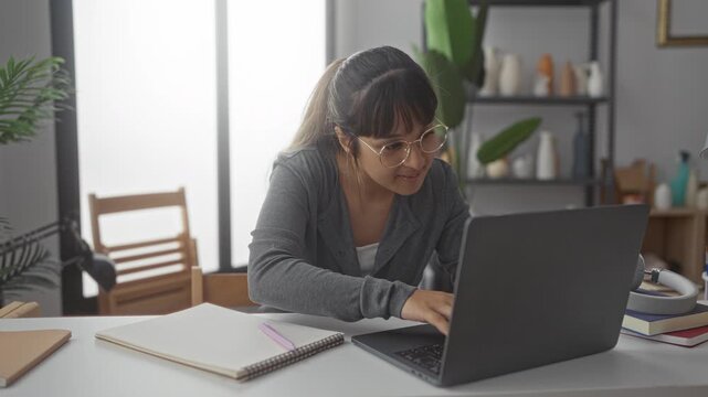 Woman student typing and later pointing finger at laptop in studio workspace with notebook and headphones on desk; focused concentration.