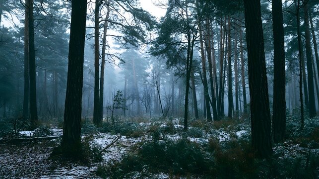 A misty winter forest scene featuring tall pine trees and frost covered ground under a pale sky