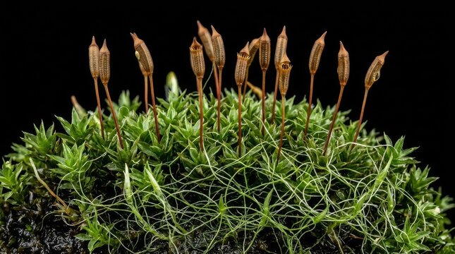 Close-up macro photography captures the intricate details of lush green moss, showcasing its numerous slender sporophytes with spore capsules emerging from the dense bryophyte carpet