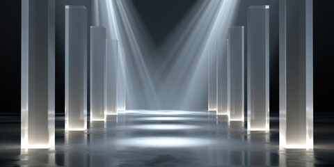 Fototapeta premium Modern Architectural Hallway with Dramatic Spotlight Illumination and Reflective Floor
