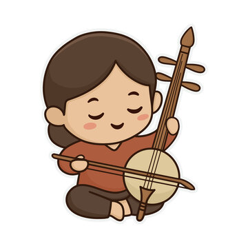 Cartoon Chibi Girl Musician Playing Spike Fiddle Isolated