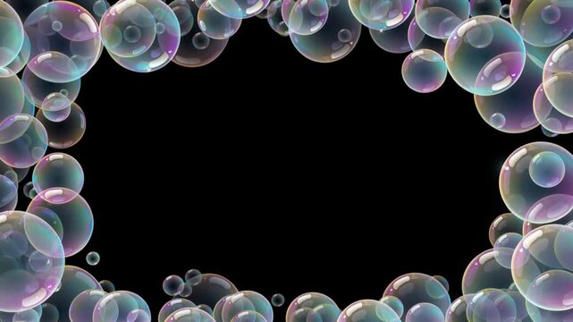 Colorful Soap Soap Bubbles Frame Overlay with Rainbow Gloss, Floating Water Bubbles Border, Seamless Loop Background