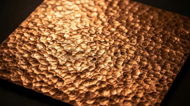 Close up view of a hand hammered copper plate texture with reflective metallic surface finish and rustic artisan craftsmanship detailing