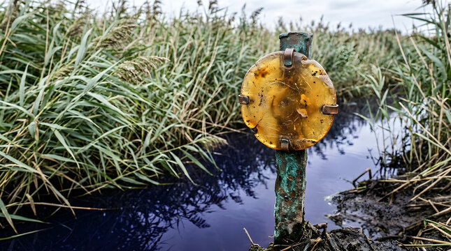 Macro Blank Amber Silt Drainer Fenland Record on Copper Dyke Stake with Sage Reed Bed and Indigo Water