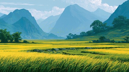 Obraz premium Golden Rice Paddy Fields and Majestic Blue Mountains Under a Serene Sky