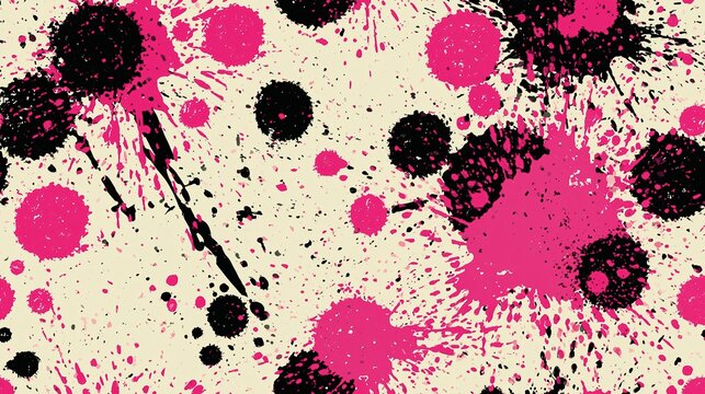 Vibrant Abstract Splatter Paint Texture with Pink and Black Ink Droplets on Cream Background