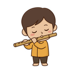 Chibi Musician Boy Playing Asian Wind Instrument Suling Isolated
