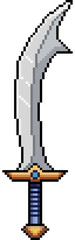 Fototapeta premium Pixel Art Fantasy Sword, 8 Bit Pixel Medieval Sword Sprite, Retro Pixel Art RPG Weapon Game Asset, Pixelated Warrior Blade, Adventure Game Item Illustration