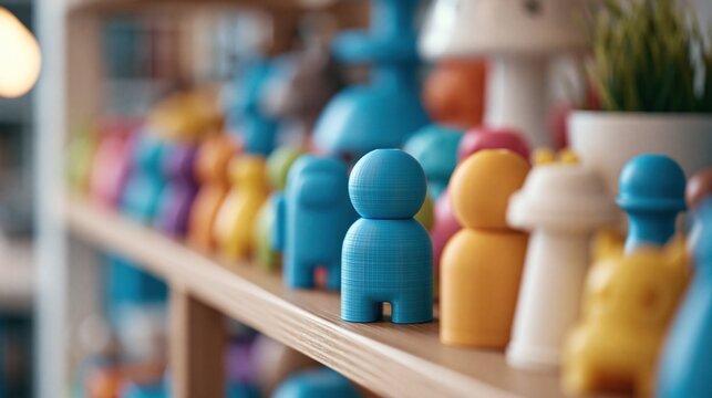 Colorful collection of diverse 3D printed figures and toys displayed on a shelf
