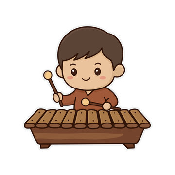 Chibi Musician Boy Playing Asian Marimba Percussion Isolated