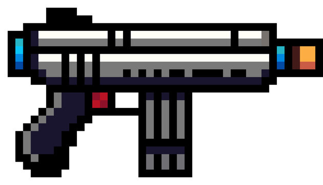 Pixel Art Sci-Fi Laser Gun, 8 Bit Pixel Futuristic Weapon Sprite, Retro Pixel Art Space Blaster Game Asset, Pixelated Arcade Shooter Weapon Icon, Sci-Fi Gaming Illustration