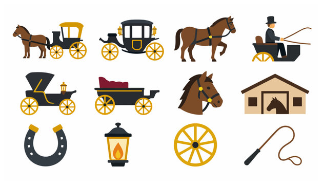 Collection of vintage horse carriages and equestrian symbols.