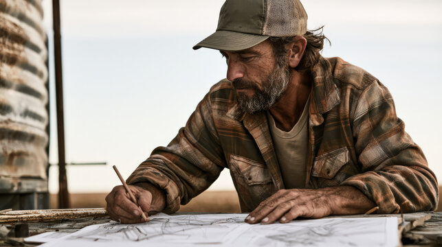 Bearded man sketches plans on weathered paper