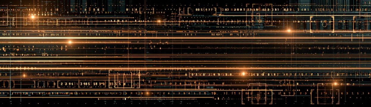 Abstract digital data stream with glowing orange lines and numerical code on a dark background suggesting technology