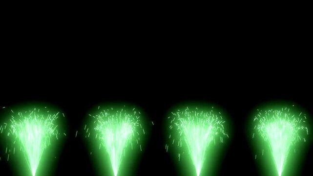 Green fireworks fountain pyrotechnic effect on black background, celebration spark animation, festive party visual effect, 4k motion graphics stock footage
