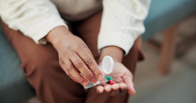 Woman, hands and pills with prescription on sofa for medication, container or daily dosage in home. Female person, patient or tablets for pharmaceuticals, medical plan or treatment with supplements