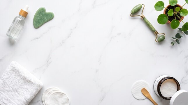 Natural skincare and spa concept flat lay with gua sha jade roller serum and cotton pads on marble background