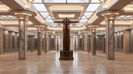 Fototapeta premium Spacious traditional martial arts training hall with wooden dummy and marble columns under bright skylight