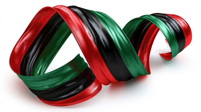 Red green and black ribbons twist together in a dynamic flowing pattern against a white background.